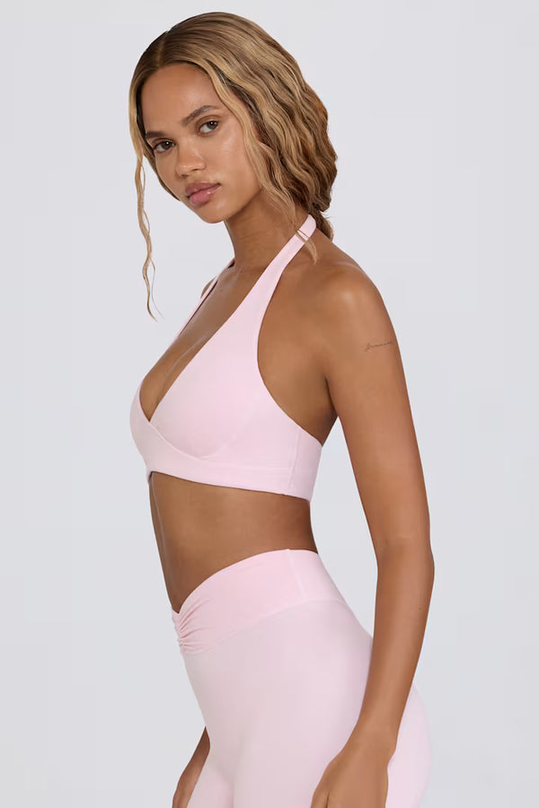 Brasier deportivo de punto cepillado con escote en V en color rosa claro — vista 2