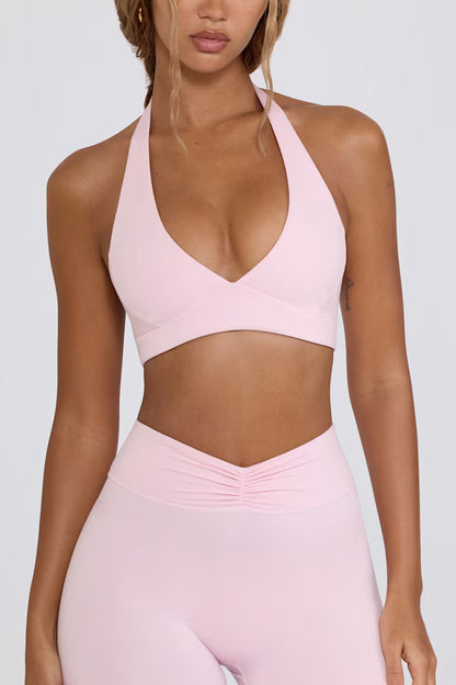 Brasier deportivo de punto cepillado con escote en V en color rosa claro